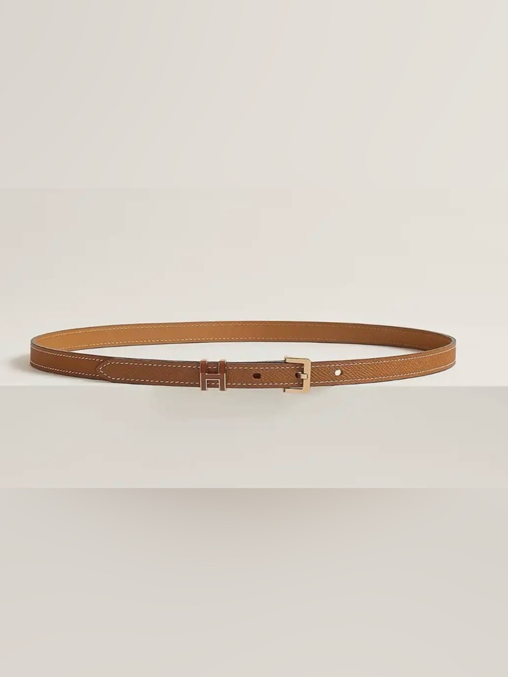 Hermes Tan Slim Leather Belt with Gold Buckle